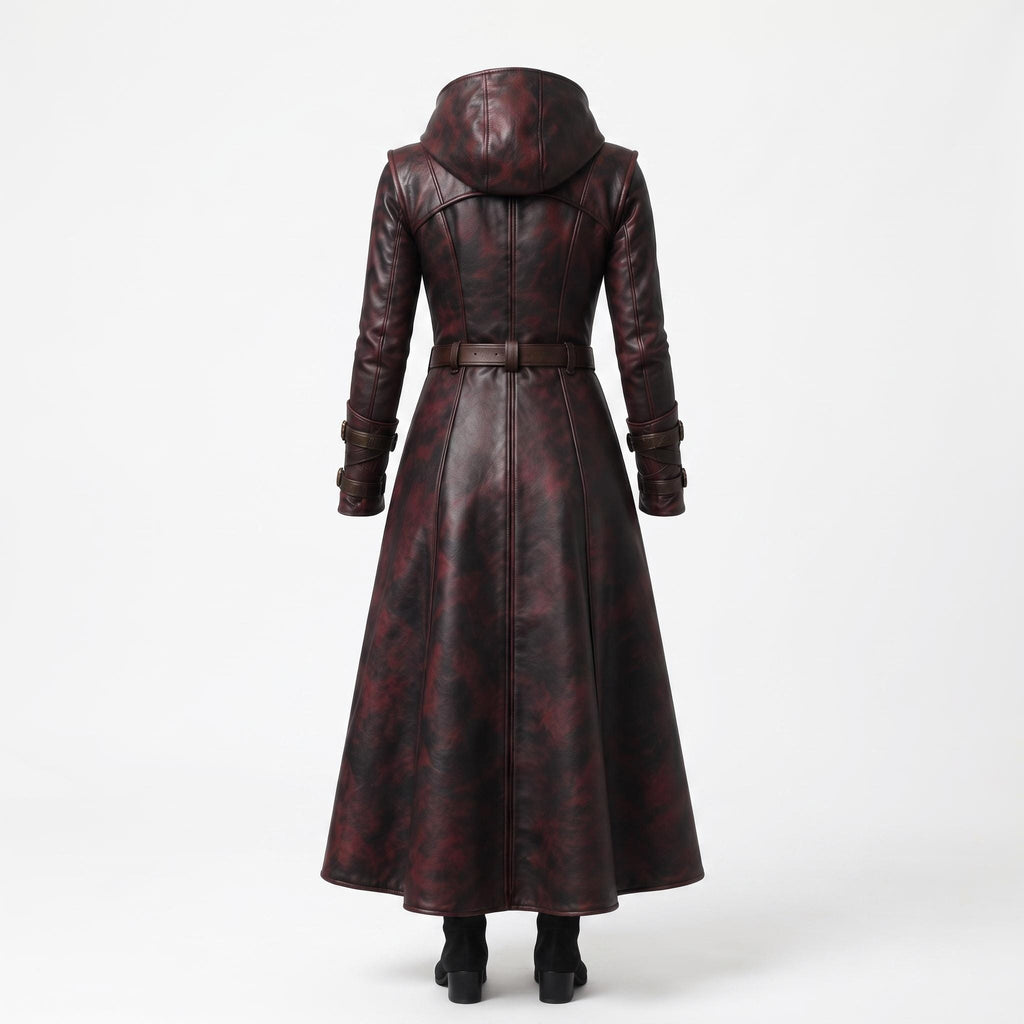 Women's Oxblood Leather Hooded Coat | Hand-Dyed Smoky Black Patina Trench Jacket