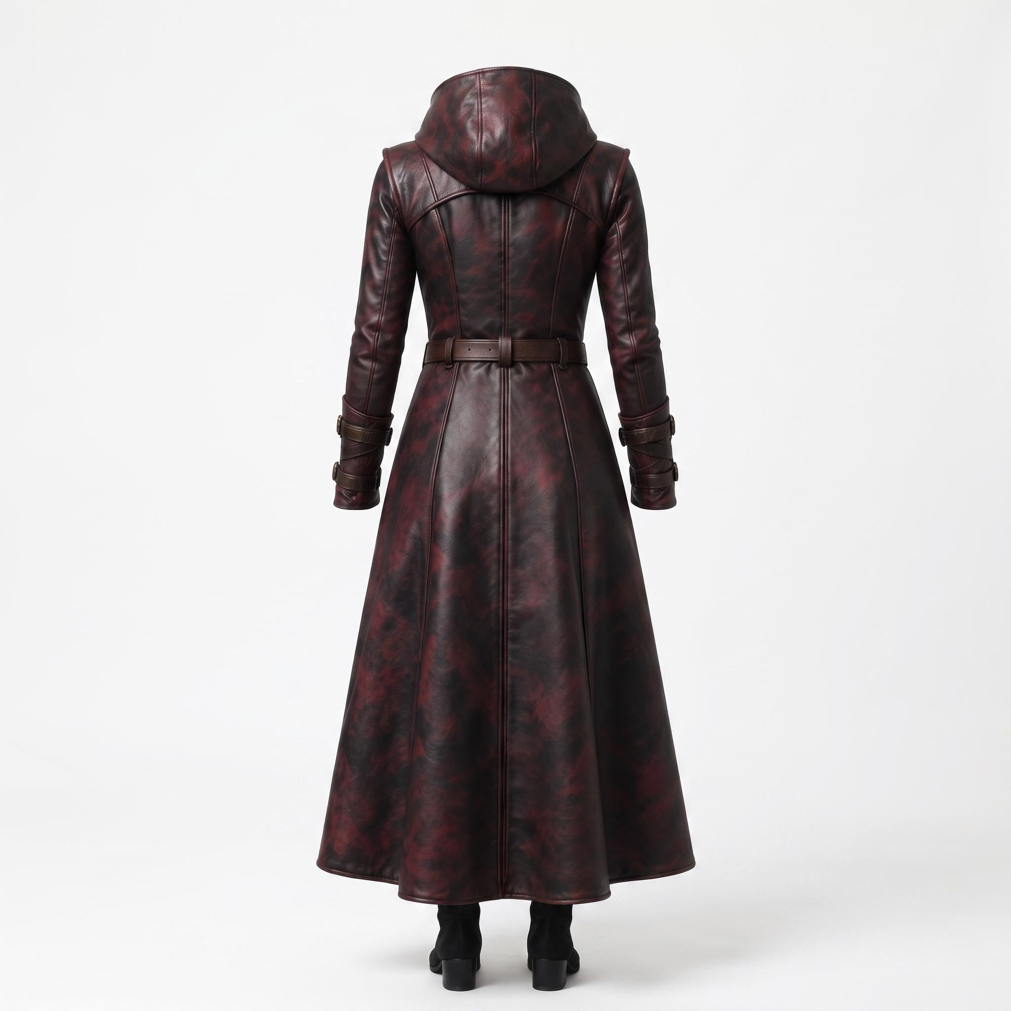 Women's Oxblood Leather Hooded Coat | Hand-Dyed Smoky Black Patina Trench Jacket
