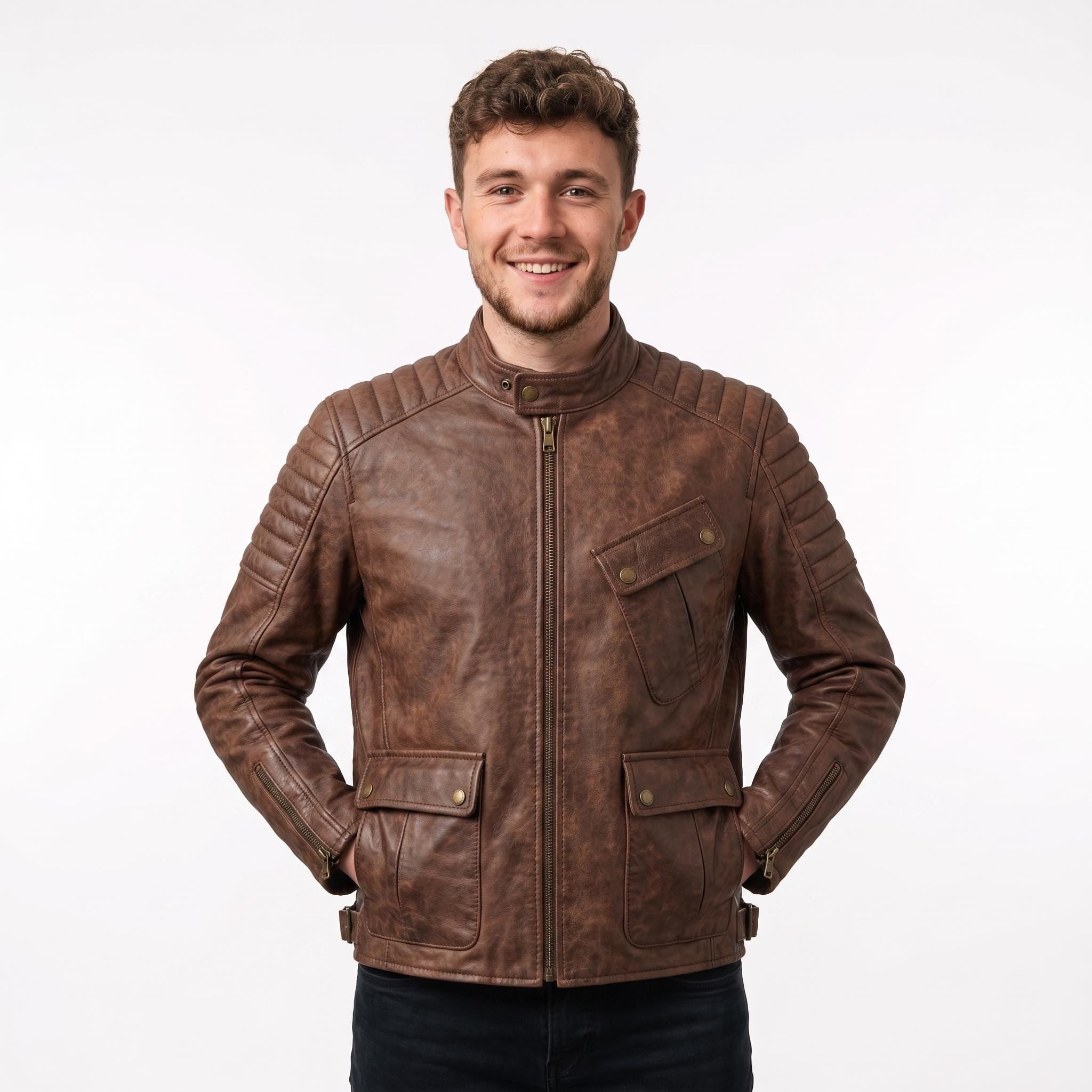 Men's Brown Distressed Leather Utility Jacket | Han Solo Inspired Biker Coat