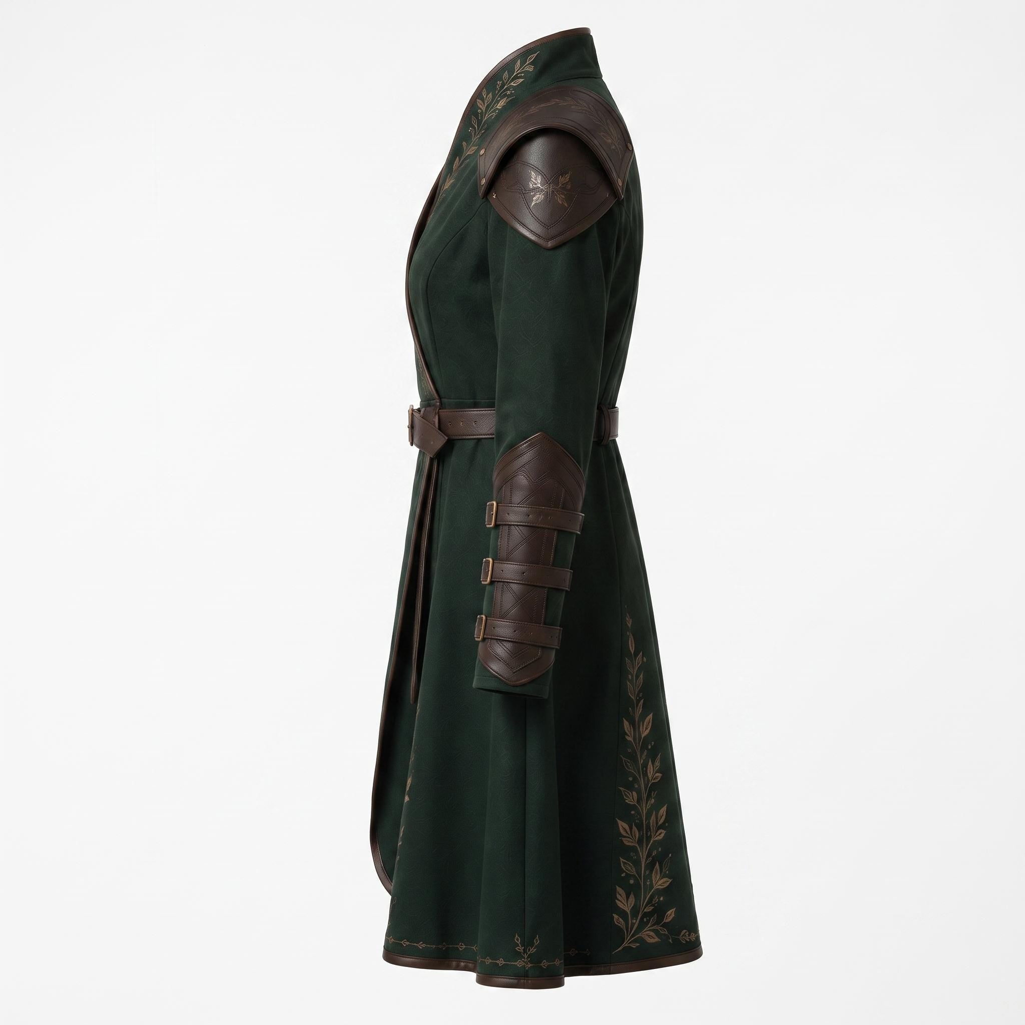 Women's Dark Green Elven Ranger Coat with Leather Accents and Embroidery