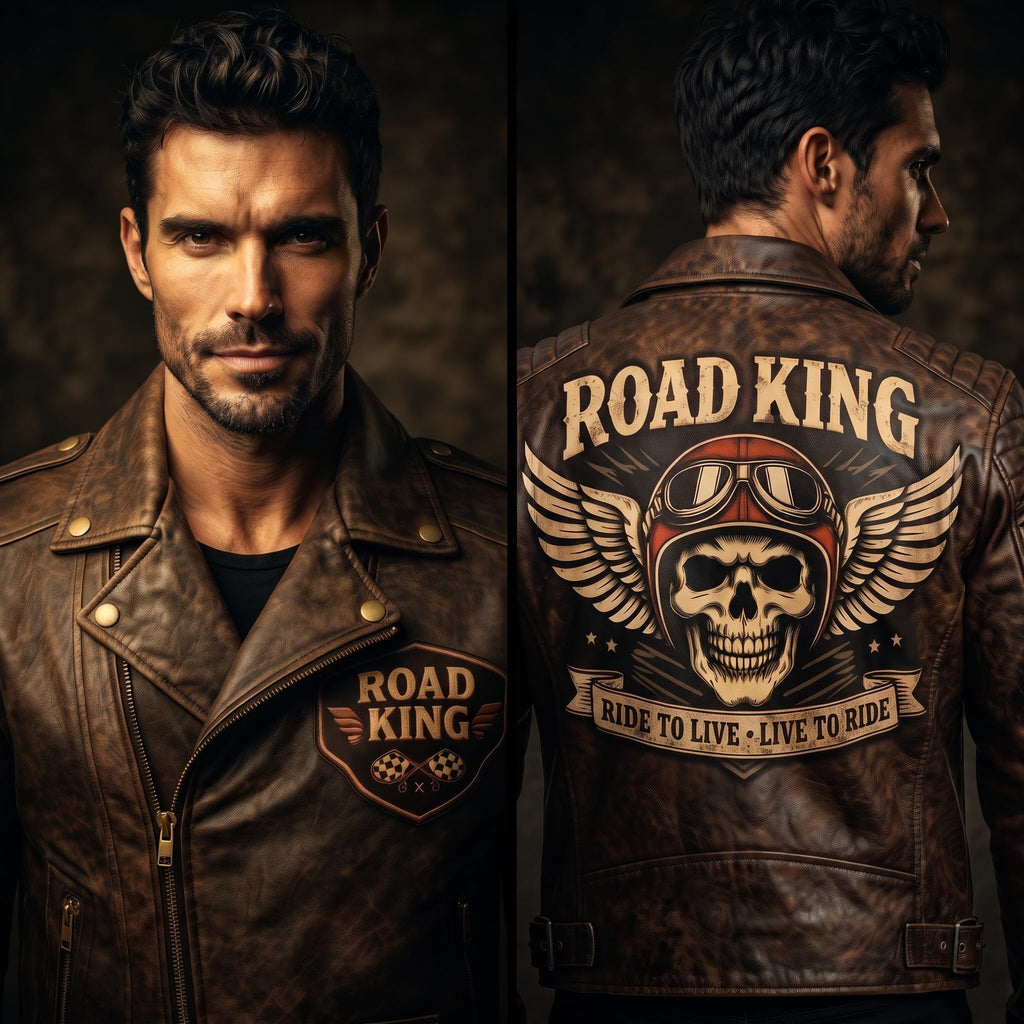 Men's Road King Vintage Leather Jacket - Winged Skull & Ride to Live Biker Design