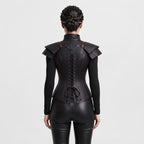 Black Faux Leather Corset Armor | Women's Gothic Burgundy Trim Bodice, Steampunk Warrior Costume Top