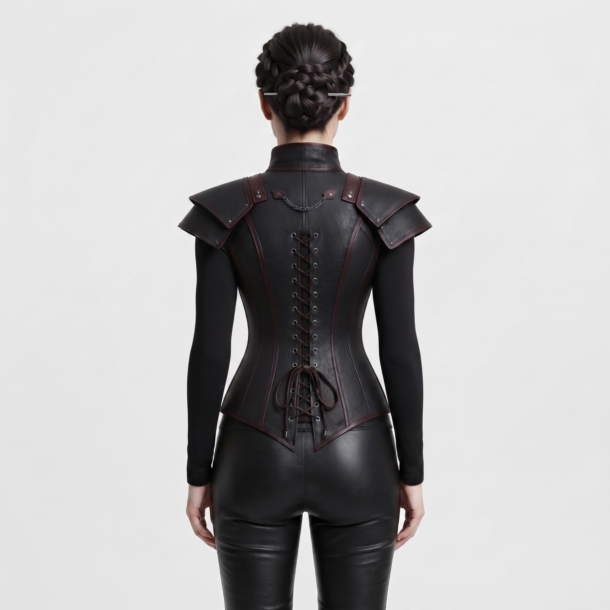 Black Faux Leather Corset Armor | Women's Gothic Burgundy Trim Bodice, Steampunk Warrior Costume Top