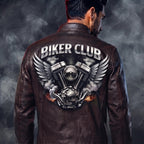 Biker Club V-Twin Engine Leather Jacket - Winged Motor Graphic Cafe Racer - Timber AND Hide
