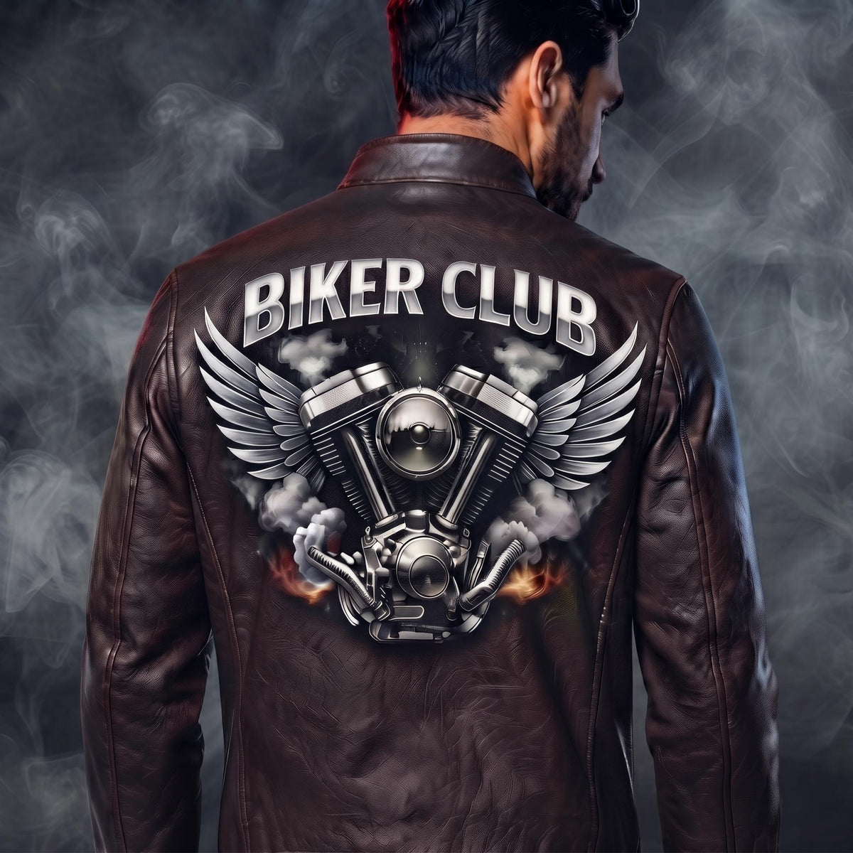 Biker Club V-Twin Engine Leather Jacket - Winged Motor Graphic Cafe Racer - Timber AND Hide