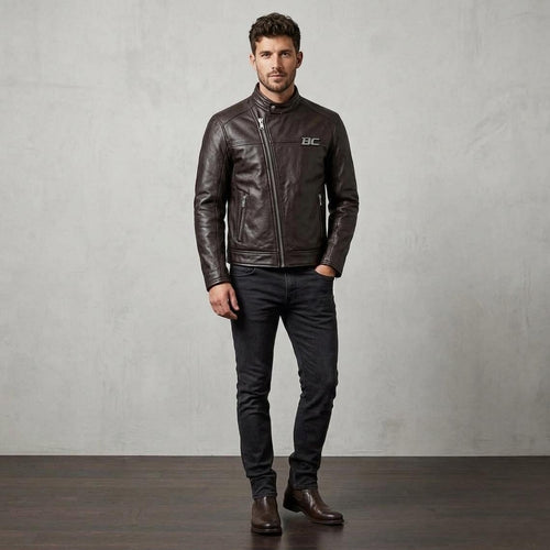 Biker Club V-Twin Engine Leather Jacket - Winged Motor Graphic Cafe Racer - Timber AND Hide