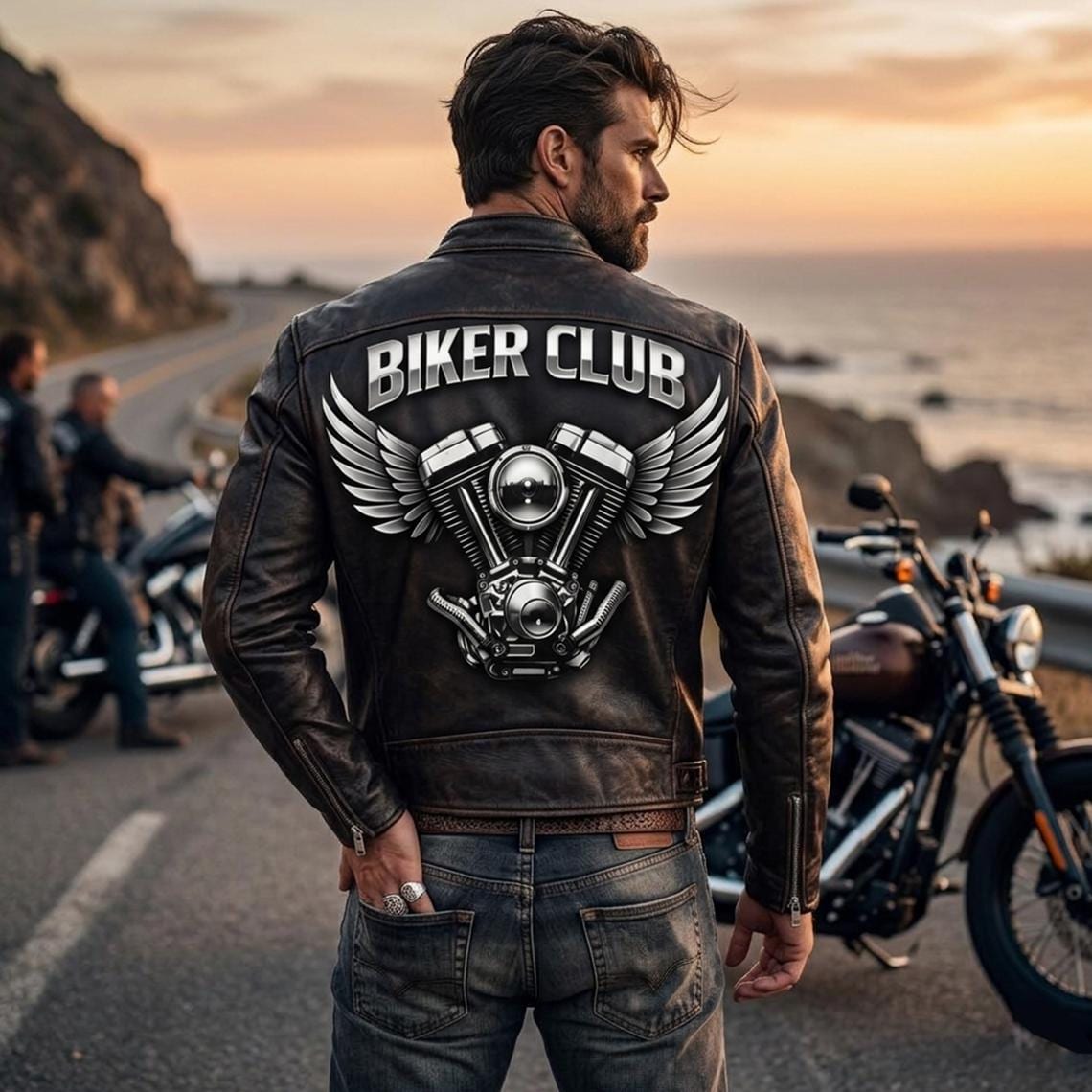 Biker Club V-Twin Engine Leather Jacket - Winged Motor Graphic Cafe Racer - Timber AND Hide