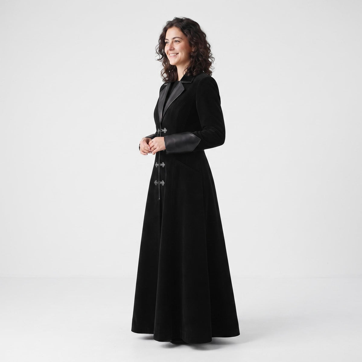 Black Velvet Victorian Coat | Genuine Leather Trim, Medieval Fantasy Jacket - Timber AND Hide