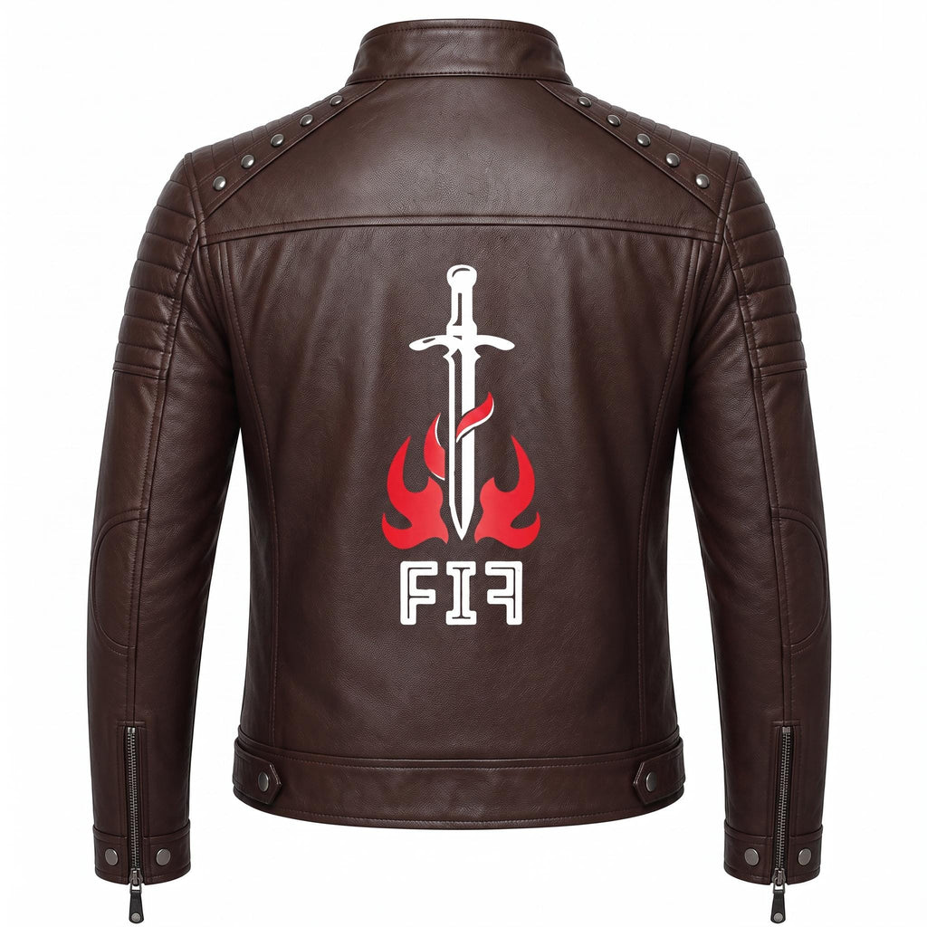 Brown Leather Biker Jacket with Sword Flame Graphic – Moto Punk Streetwear Coat - Timber AND Hide