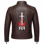 Brown Leather Biker Jacket with Sword Flame Graphic – Moto Punk Streetwear Coat - Timber AND Hide