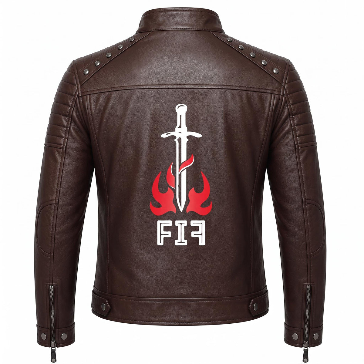 Brown Leather Biker Jacket with Sword Flame Graphic – Moto Punk Streetwear Coat - Timber AND Hide