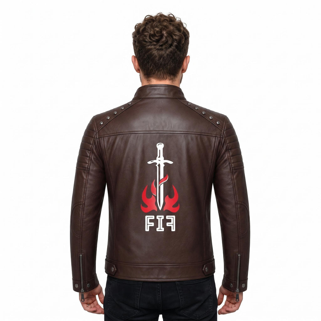 Brown Leather Biker Jacket with Sword Flame Graphic – Moto Punk Streetwear Coat - Timber AND Hide