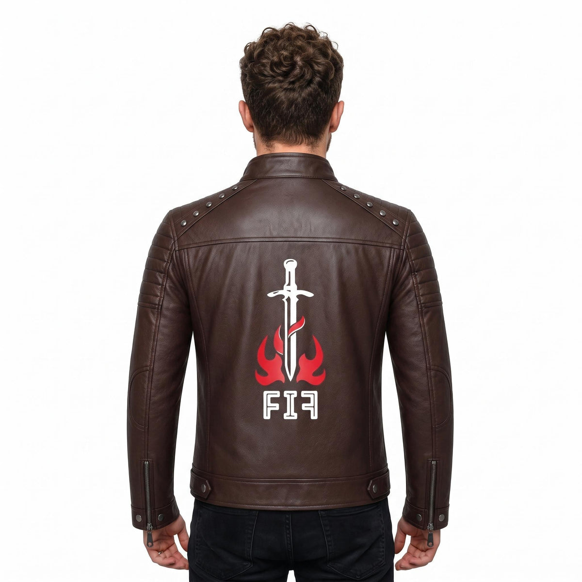 Brown Leather Biker Jacket with Sword Flame Graphic – Moto Punk Streetwear Coat - Timber AND Hide