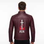 Brown Leather Biker Jacket with Sword Flame Graphic – Moto Punk Streetwear Coat - Timber AND Hide