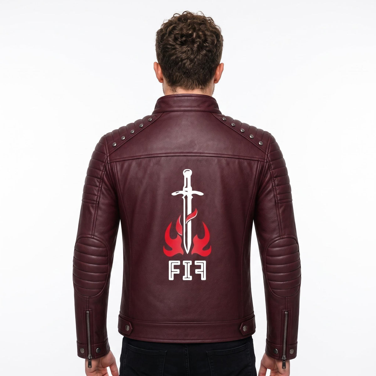 Brown Leather Biker Jacket with Sword Flame Graphic – Moto Punk Streetwear Coat - Timber AND Hide
