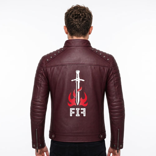 Brown Leather Biker Jacket with Sword Flame Graphic – Moto Punk Streetwear Coat - Timber AND Hide