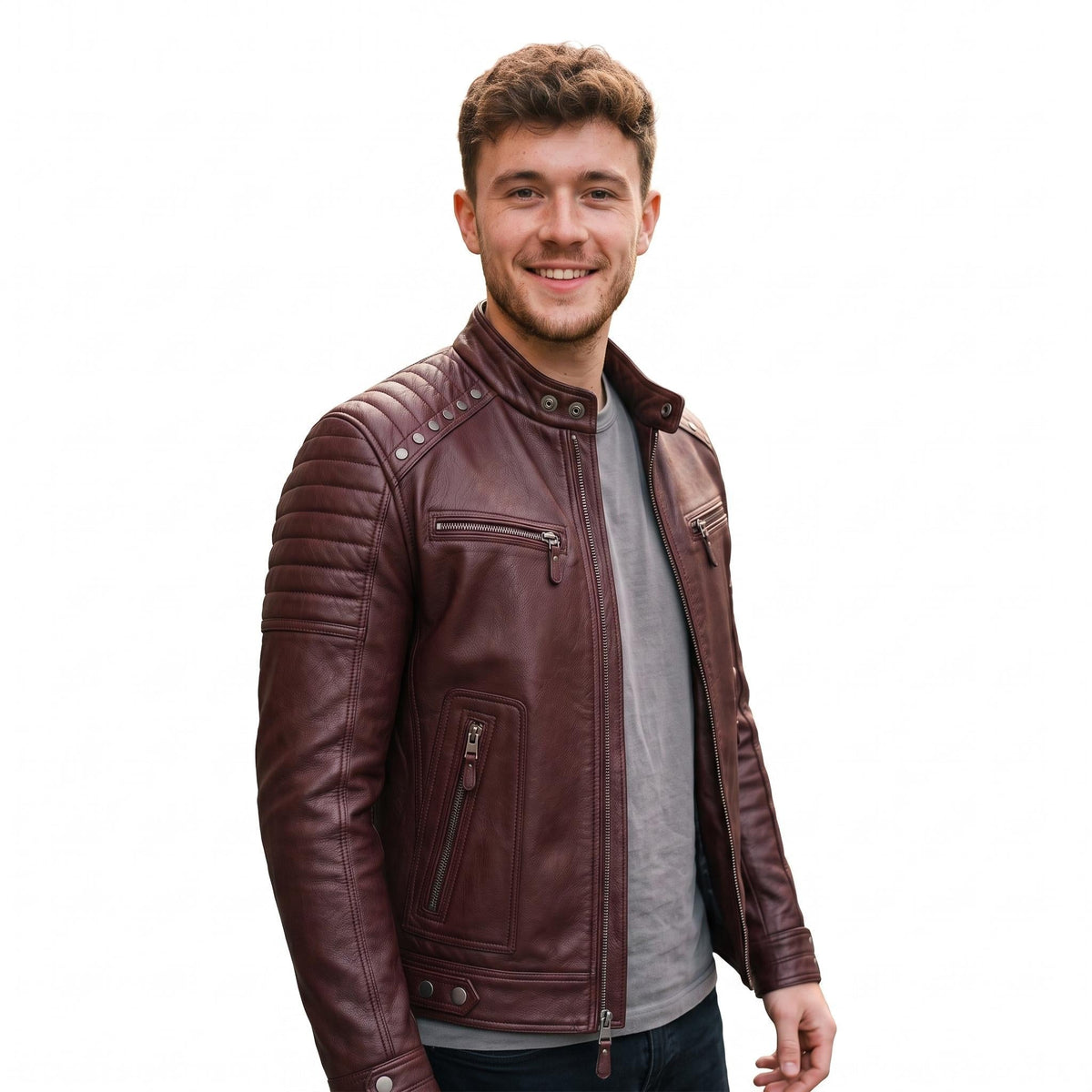 Brown Leather Biker Jacket with Sword Flame Graphic – Moto Punk Streetwear Coat - Timber AND Hide