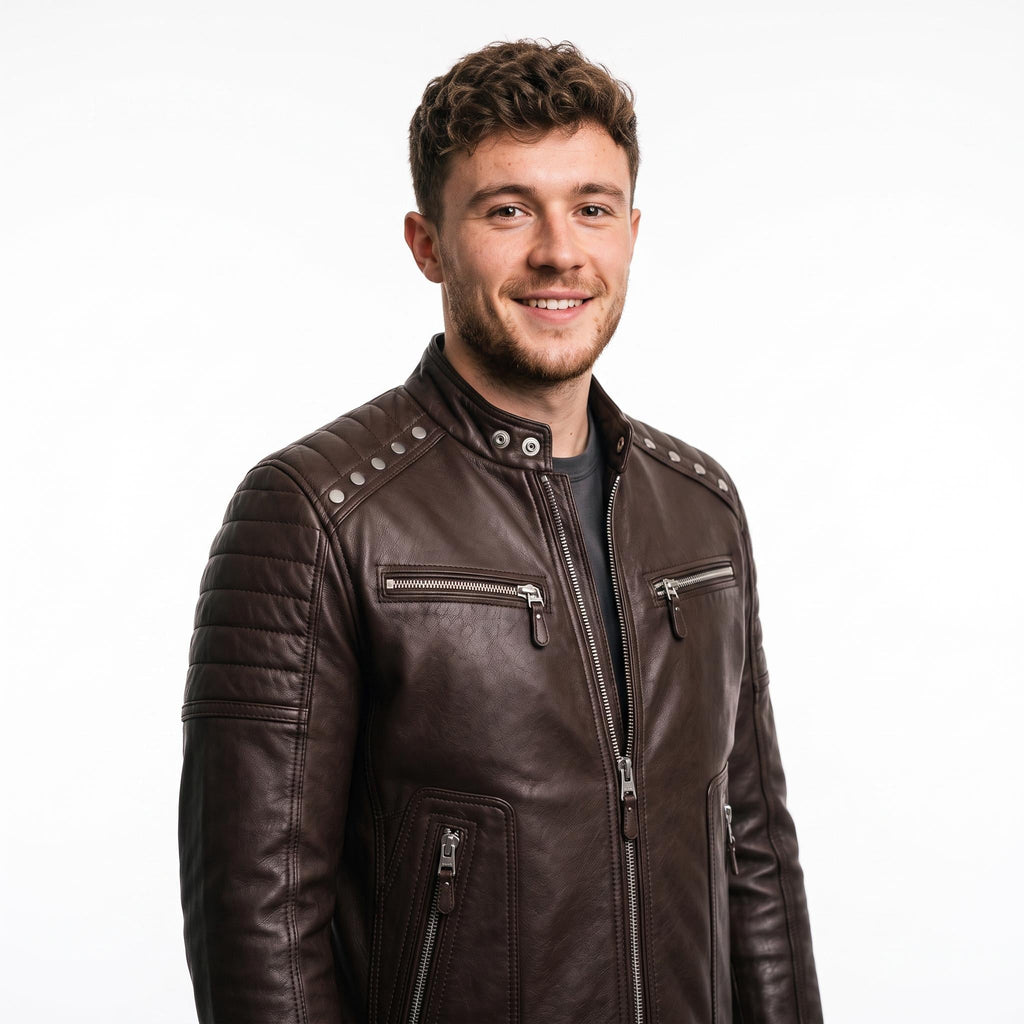 Brown Leather Biker Jacket with Sword Flame Graphic – Moto Punk Streetwear Coat - Timber AND Hide
