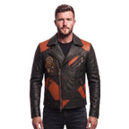 Men's Leather Biker Moto Jacket | Gothic Cross Design | Embroidered Patch jacket