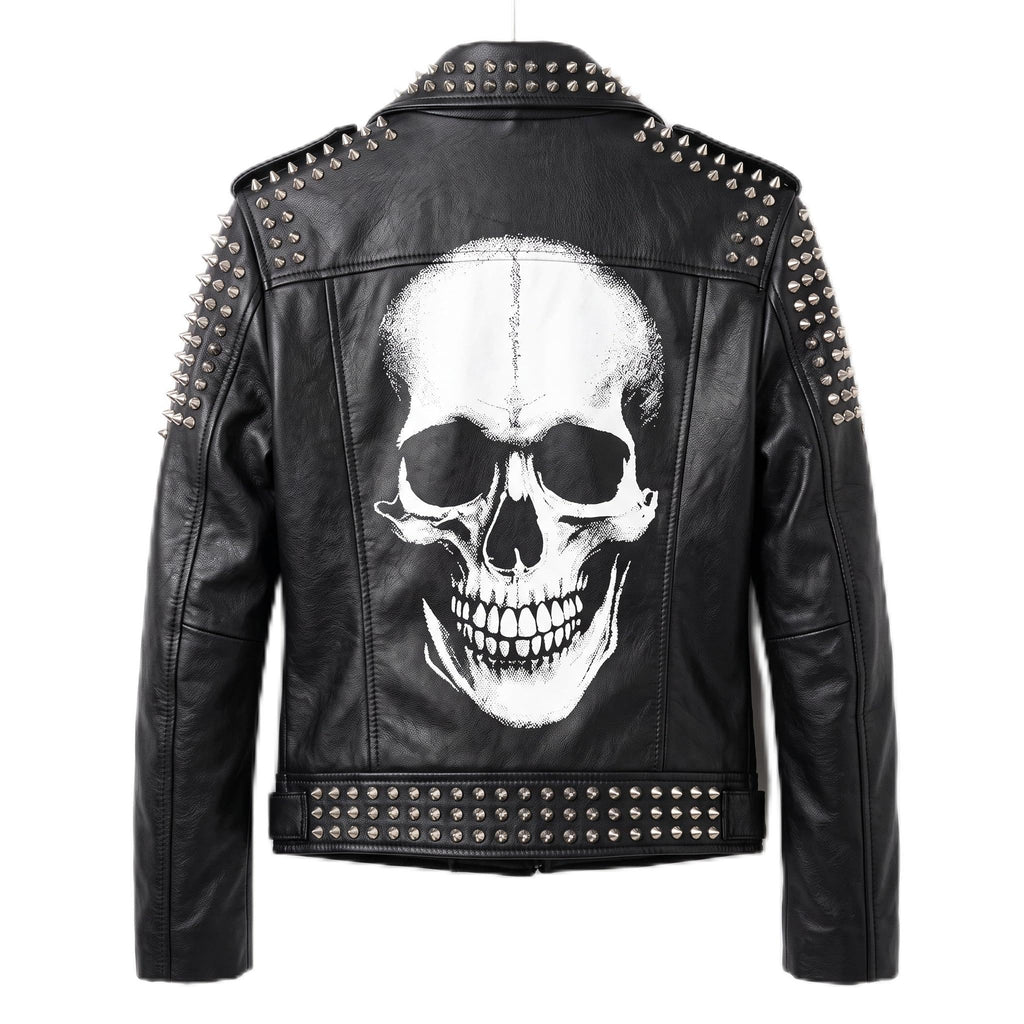 Women’s Handmade Black Leather Motorcycle Jacket – Studded, Spiked, & Hand-Painted Misfits Punk Rocker Style