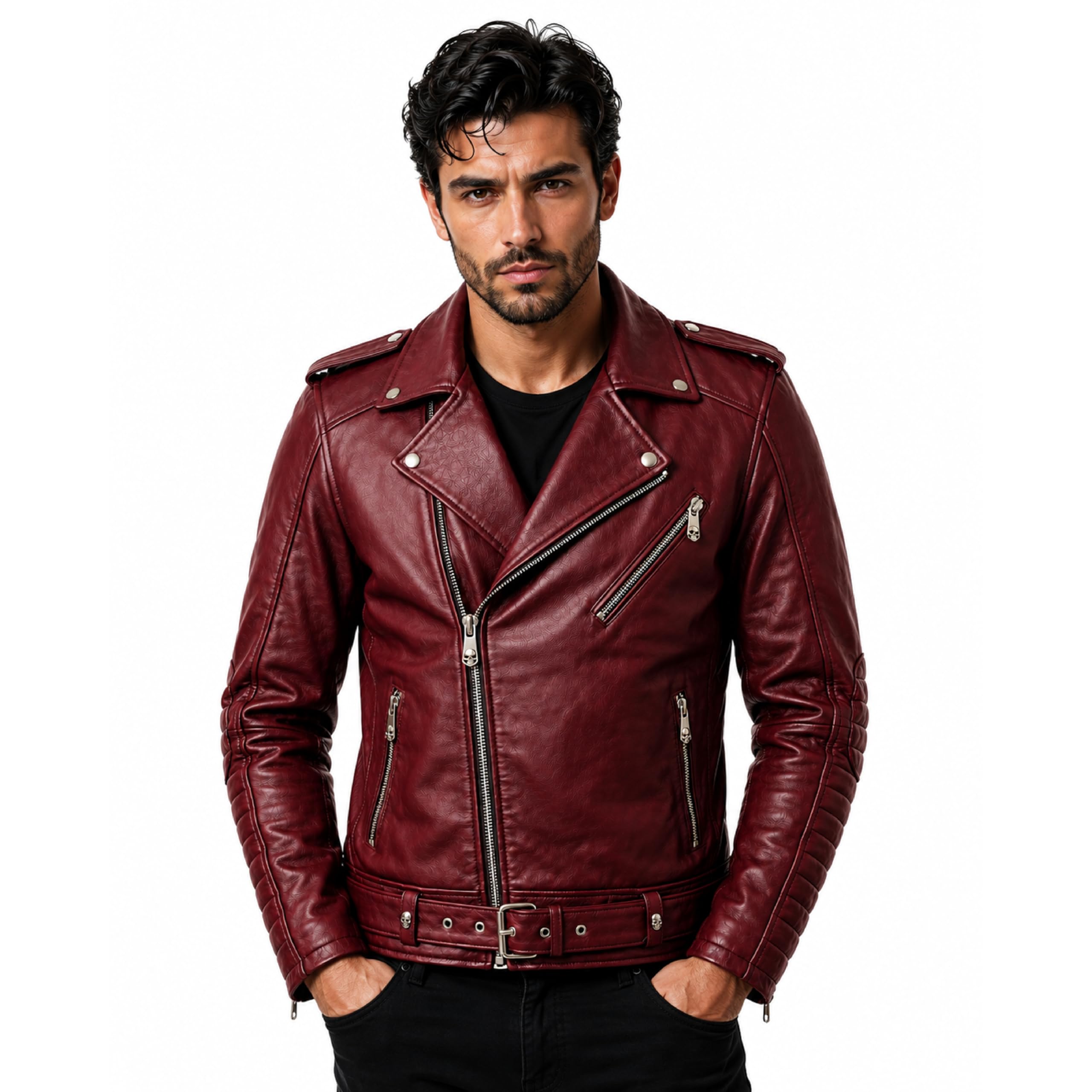 Motorhead Inspired Leather Biker Jacket | Skull Printed Leather Jacket | Men's Burgundy Leather Motorcycle Jacket