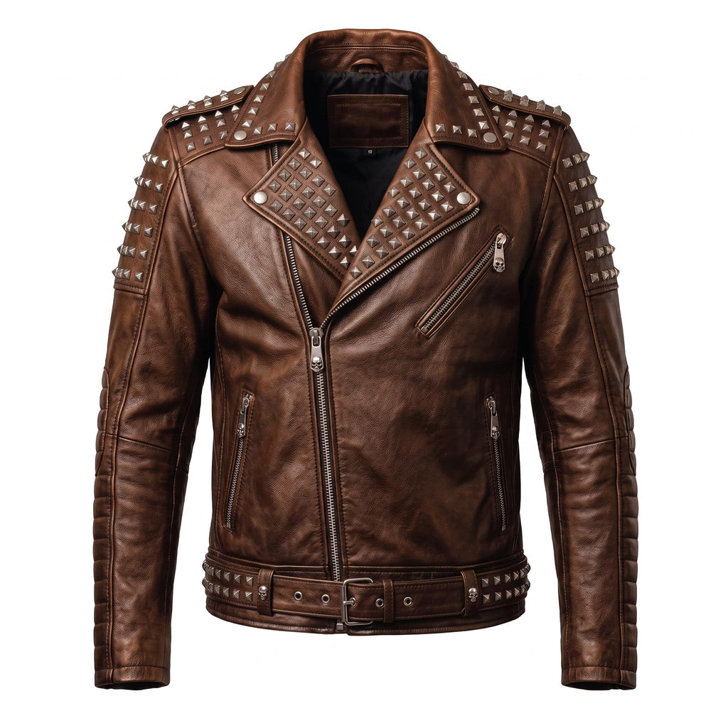 Handmade Men's Black Leather Studded Biker Jacket