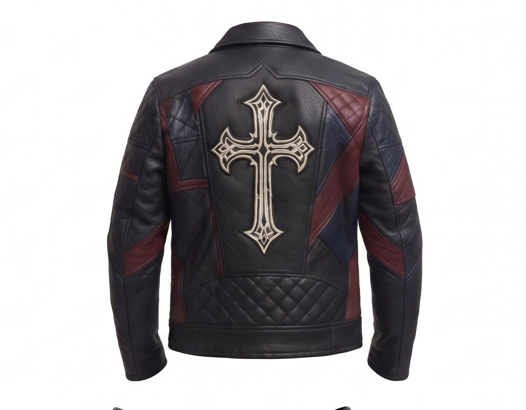 Men’s Black Leather Biker style Moto jacket with Cross Design Gothic Punk Motorcycle Style