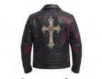 Men’s Black Leather Biker style Moto jacket with Cross Design Gothic Punk Motorcycle Style