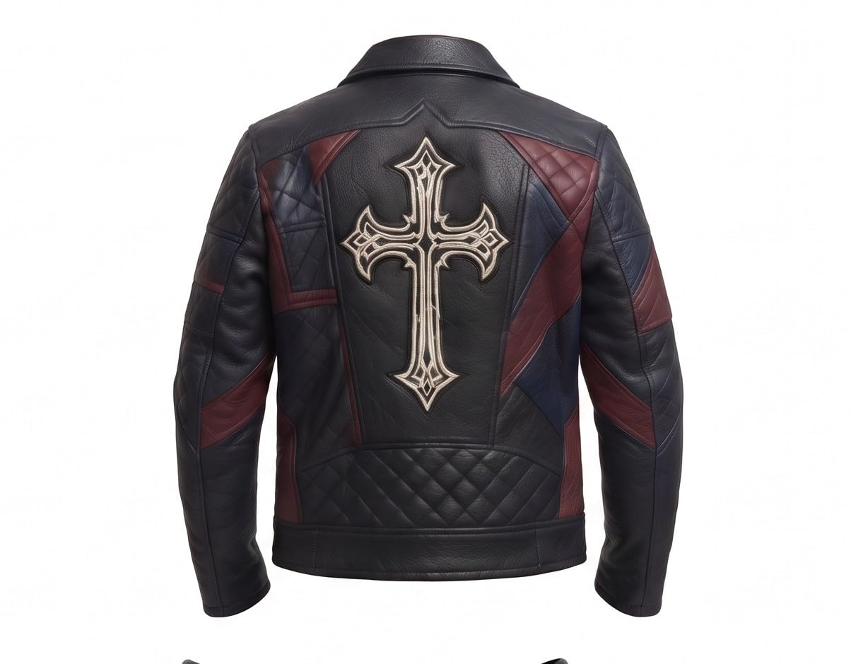 Men’s Black Leather Biker style Moto jacket with Cross Design Gothic Punk Motorcycle Style