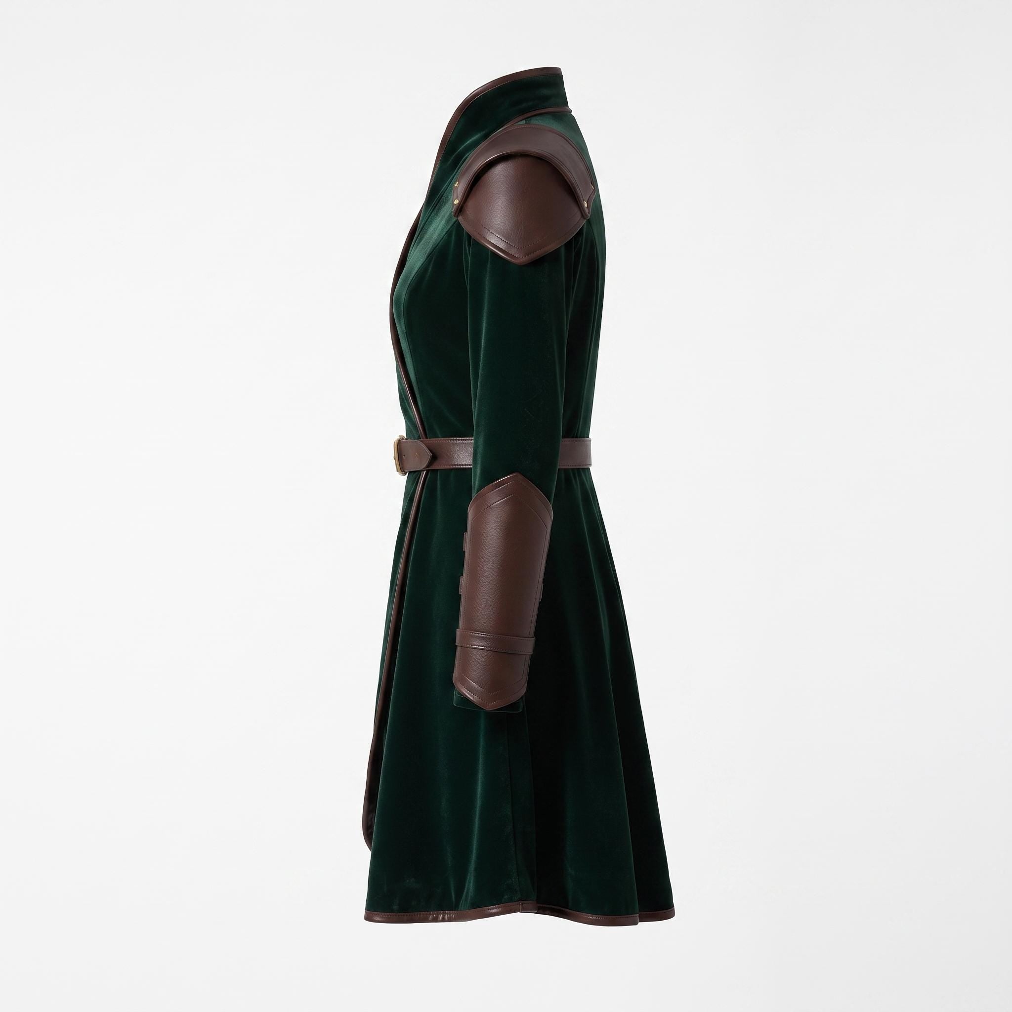 Women's Velvet Wrap Coat Dress with Leather Armor Trim, Fantasy Cosplay Outfit