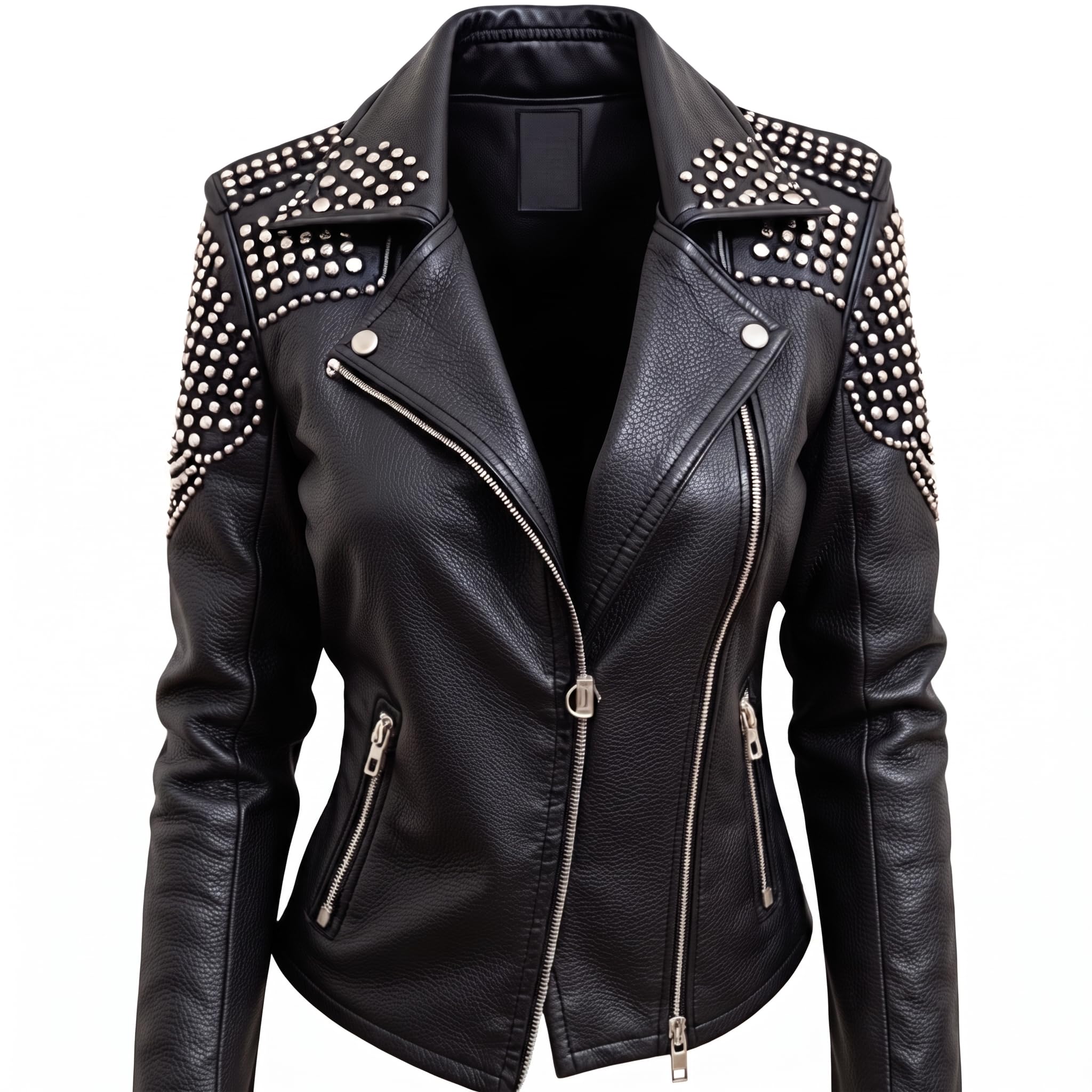 Women's Handcrafted Studded Black Leather Biker Jacket – Edgy Rockstar Style