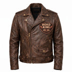 Men's Road King Vintage Leather Jacket - Winged Skull & Ride to Live Biker Design