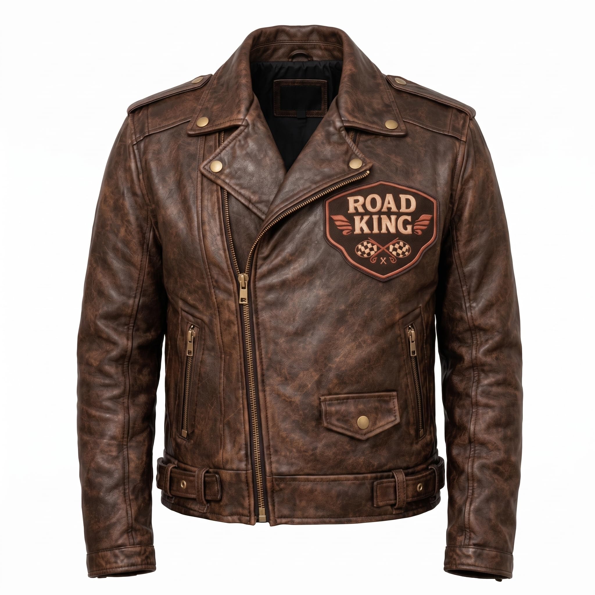 Men's Road King Vintage Leather Jacket - Winged Skull & Ride to Live Biker Design