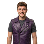Men's Handmade Purple Leather Biker Vest | Studded Punk Rock Motorcycle Jacket