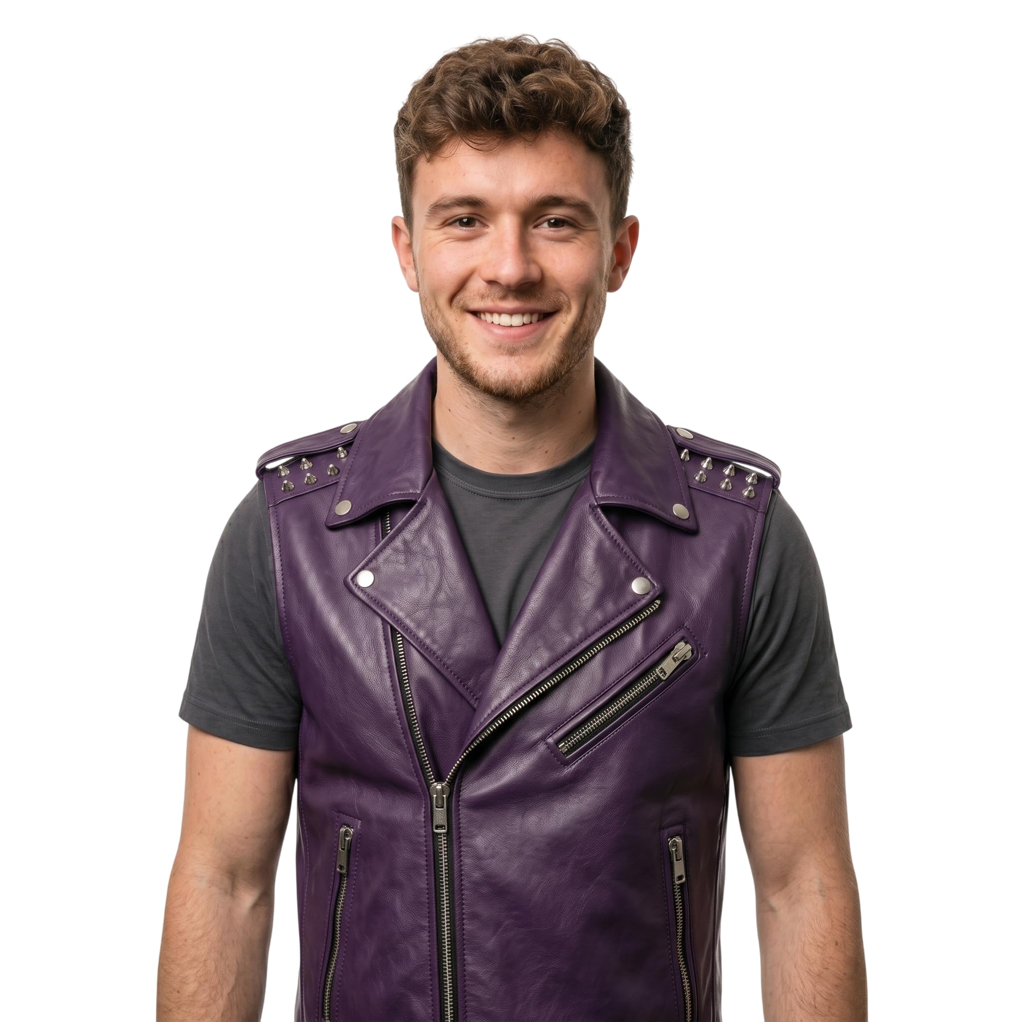 Men's Handmade Purple Leather Biker Vest | Studded Punk Rock Motorcycle Jacket