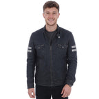 Men's Real Leather Biker Jacket With Stitch Detailings Navy