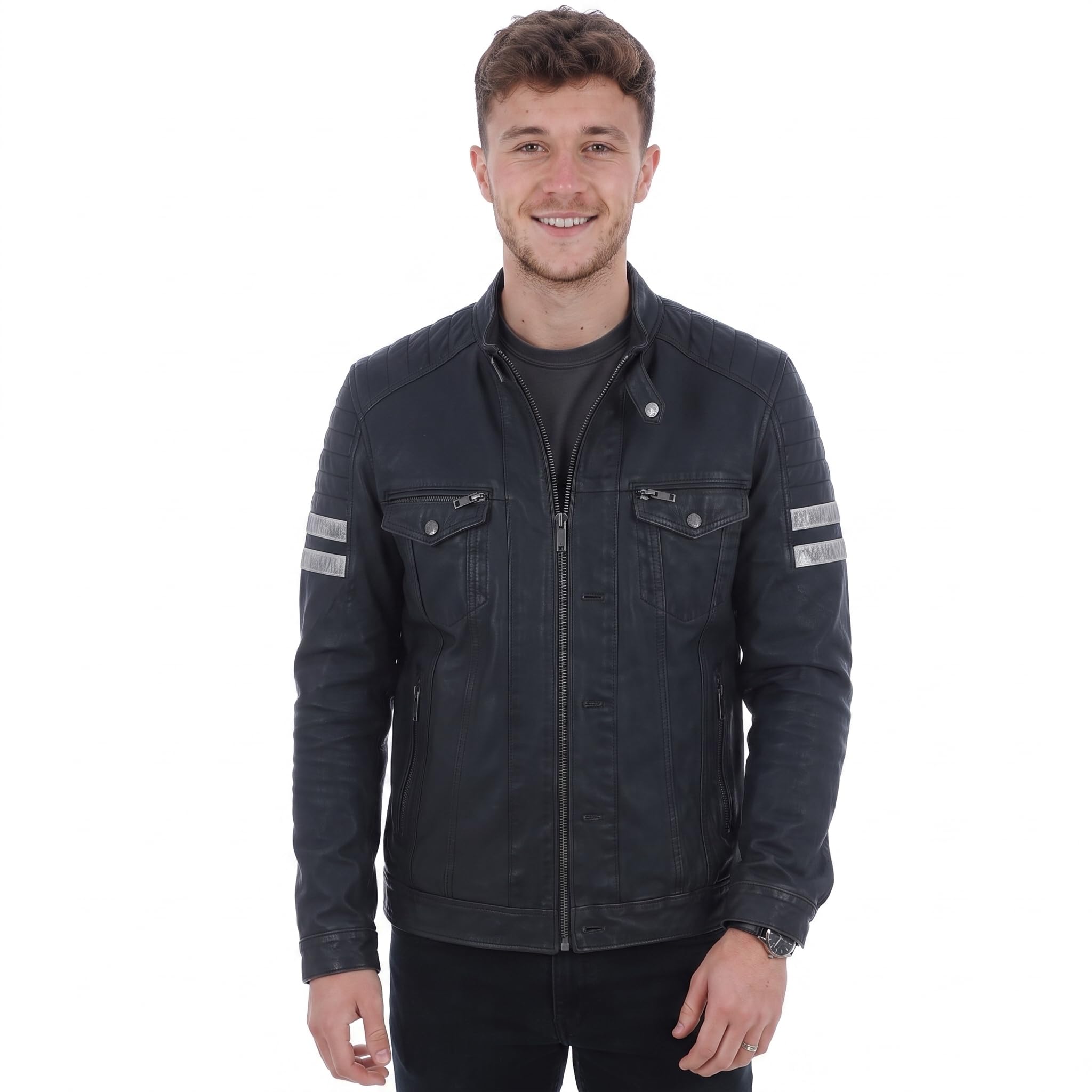 Men's Real Leather Biker Jacket With Stitch Detailings Navy