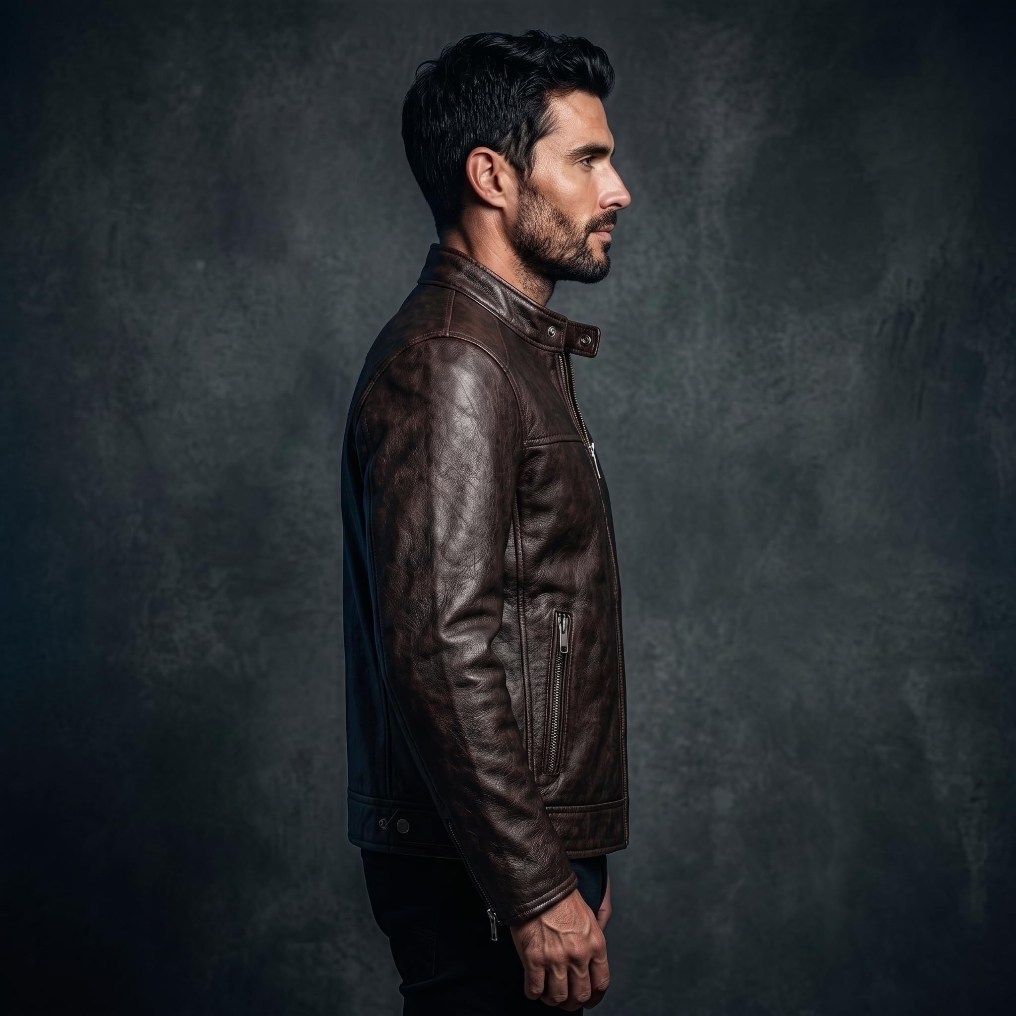 Men's Biker Club V-Twin Engine Leather Jacket - Winged Motor Graphic Cafe Racer