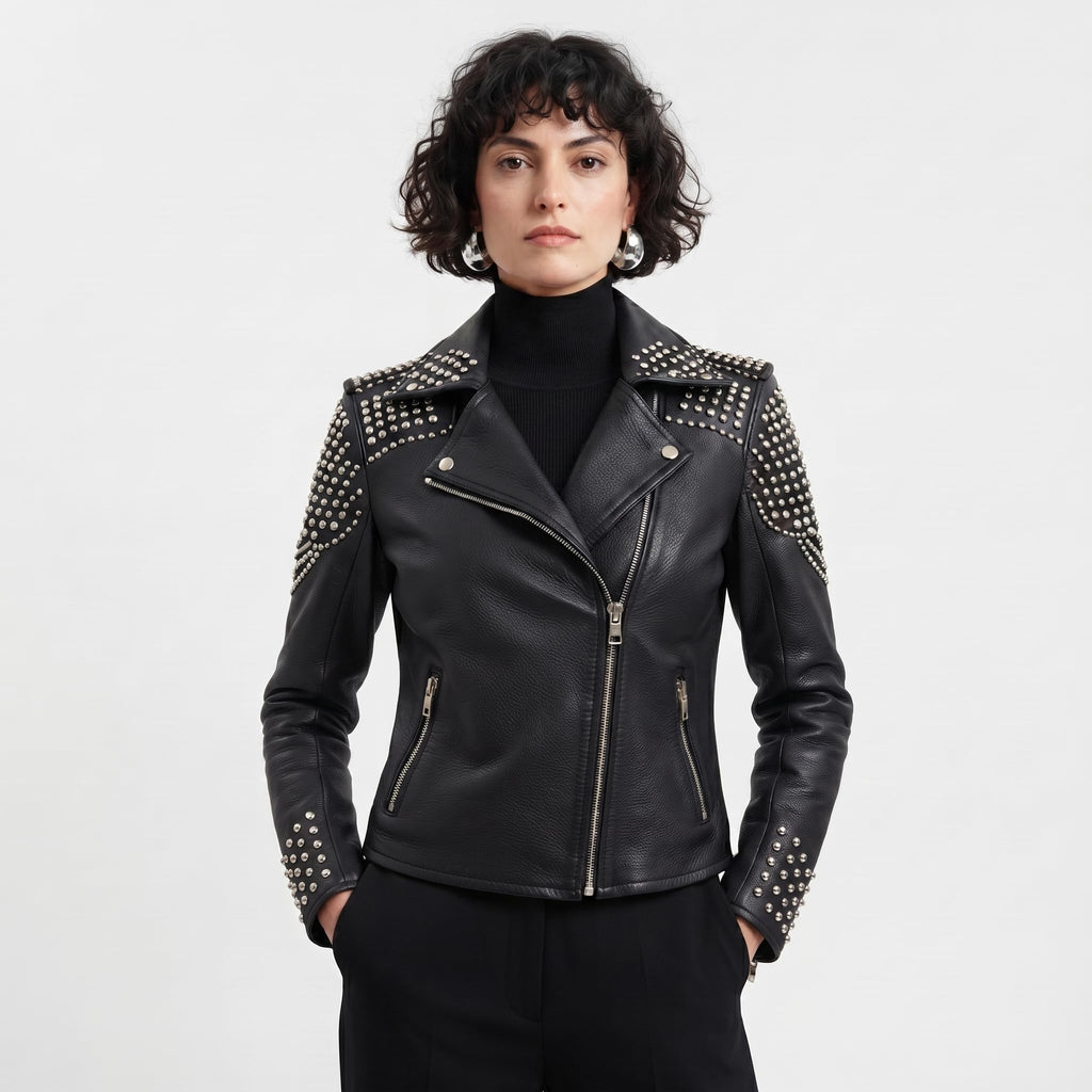 Women's Handcrafted Studded Black Leather Biker Jacket – Edgy Rockstar Style