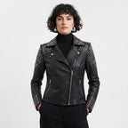 Women's Handcrafted Studded Black Leather Biker Jacket – Edgy Rockstar Style