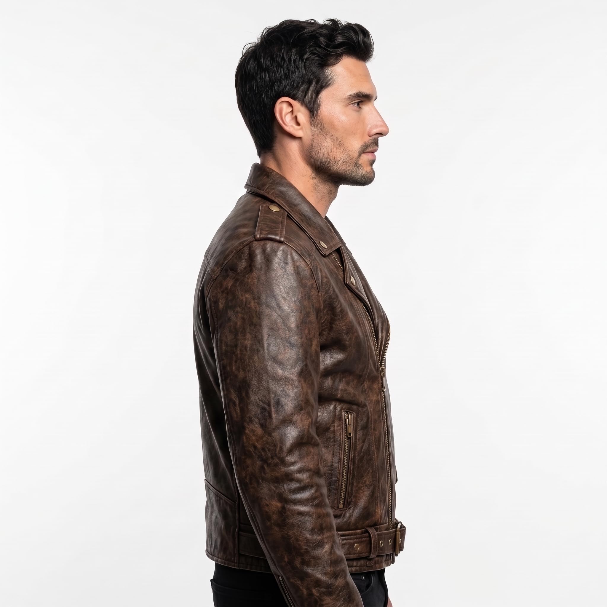 Men's Road King Vintage Leather Jacket - Winged Skull & Ride to Live Biker Design