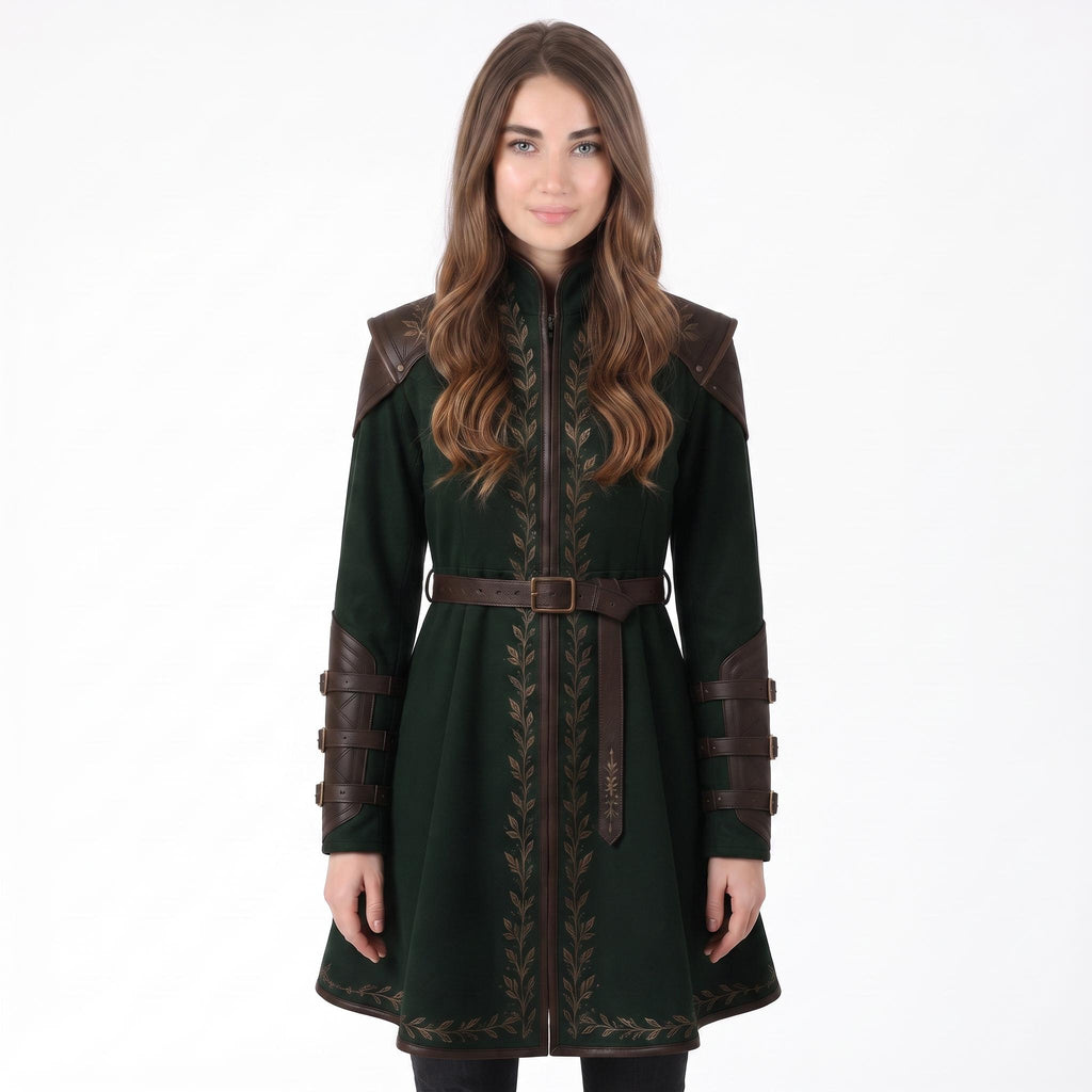 Women's Dark Green Elven Ranger Coat with Leather Accents and Embroidery
