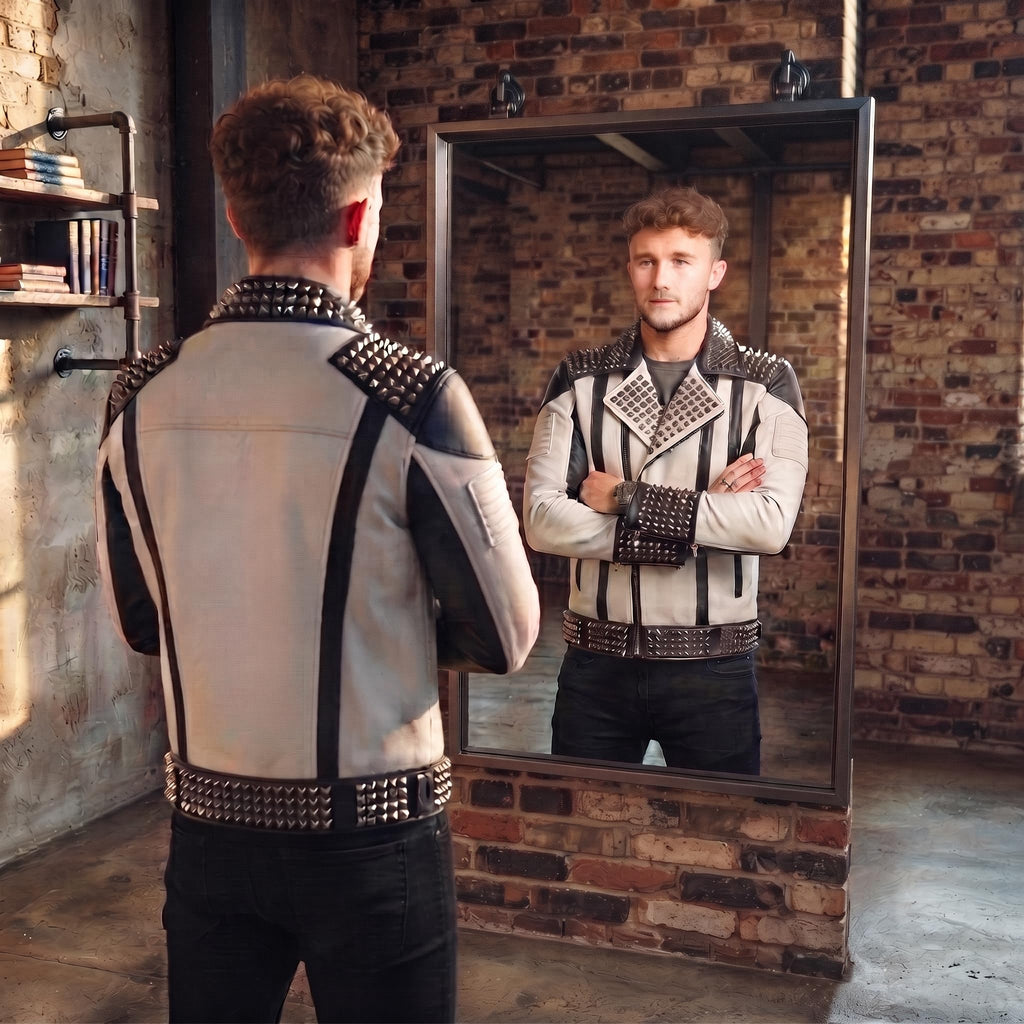 Men's Handmade Two-Tone Leather Biker Jacket | Studded Moto Punk Rock