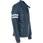 Men's Real Leather Biker Jacket With Stitch Detailings Navy
