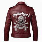 Motorhead Inspired Burgundy Leather Biker Jacket with Skull Print