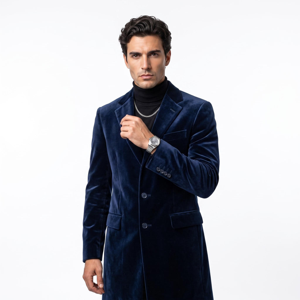 Men's Doctor Who Inspired Velvet Overcoat, Deep Navy Blue Time Traveler Jacket