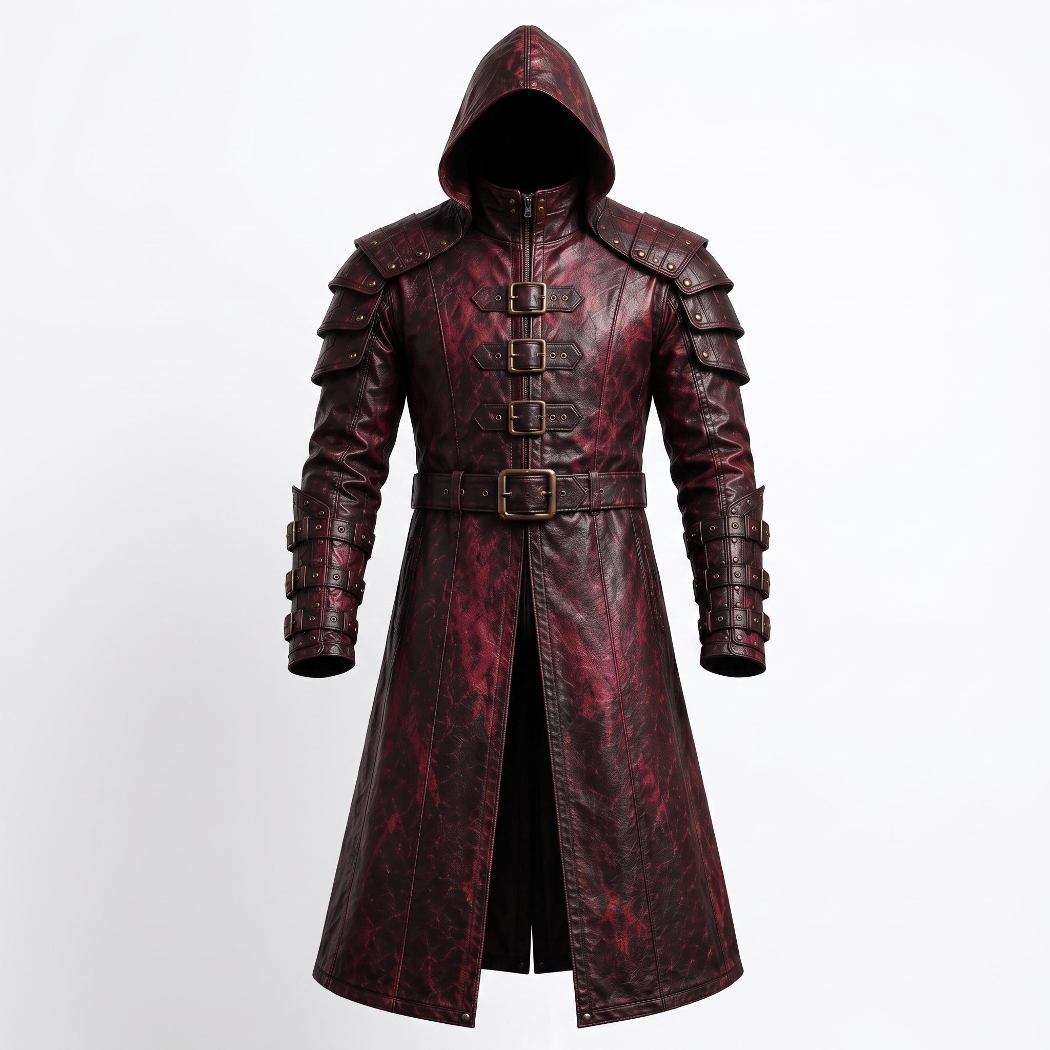 Men's Distressed Burgundy Leather Hooded Armor Coat | Medieval Viking Gothic Cosplay Jacket
