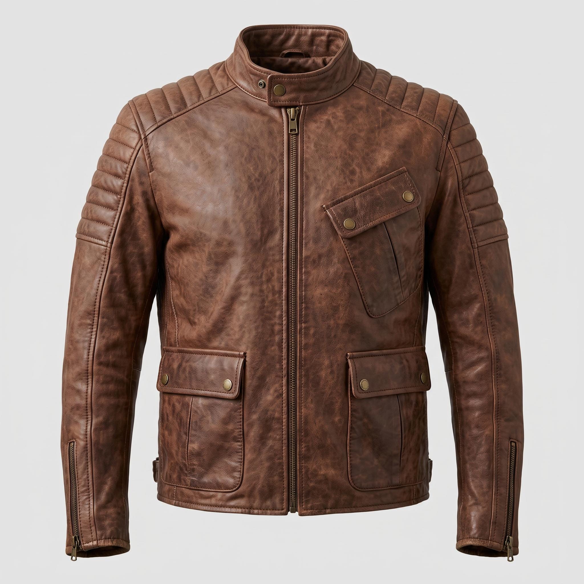 Men's Brown Distressed Leather Utility Jacket | Han Solo Inspired Biker Coat