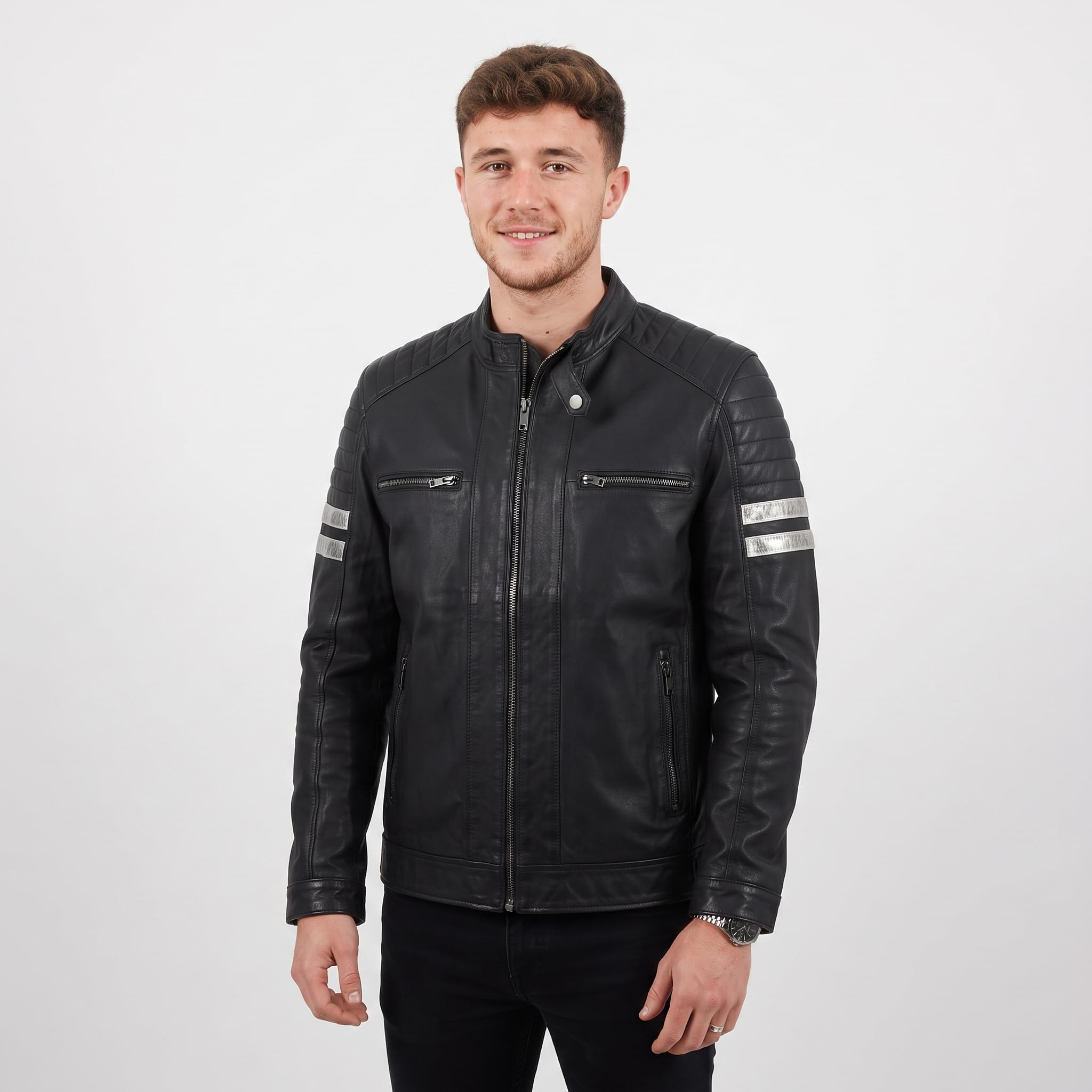 Men's Real Leather Biker Jacket With Stitch Detailings Navy