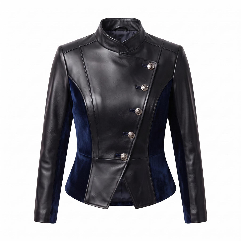 Women's Black Leather Blue Velvet Asymmetrical Military Jacket – Gothic Victorian Blazer